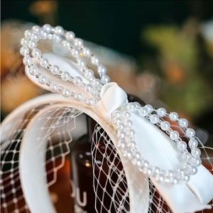 Handmade. New. Girls white satin head band with lace and pearls